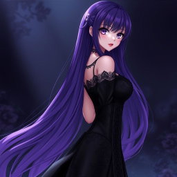 A striking gothic anime girl with long, flowing purple hair that cascades down her back, dressed in an elegant, beautiful black dress that features intricate lace and corset detailing