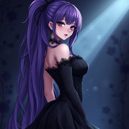 A striking gothic anime girl with long, flowing purple hair that cascades down her back, dressed in an elegant, beautiful black dress that features intricate lace and corset detailing