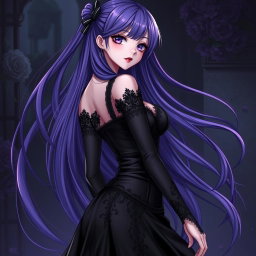 A striking gothic anime girl with long, flowing purple hair that cascades down her back, dressed in an elegant, beautiful black dress that features intricate lace and corset detailing