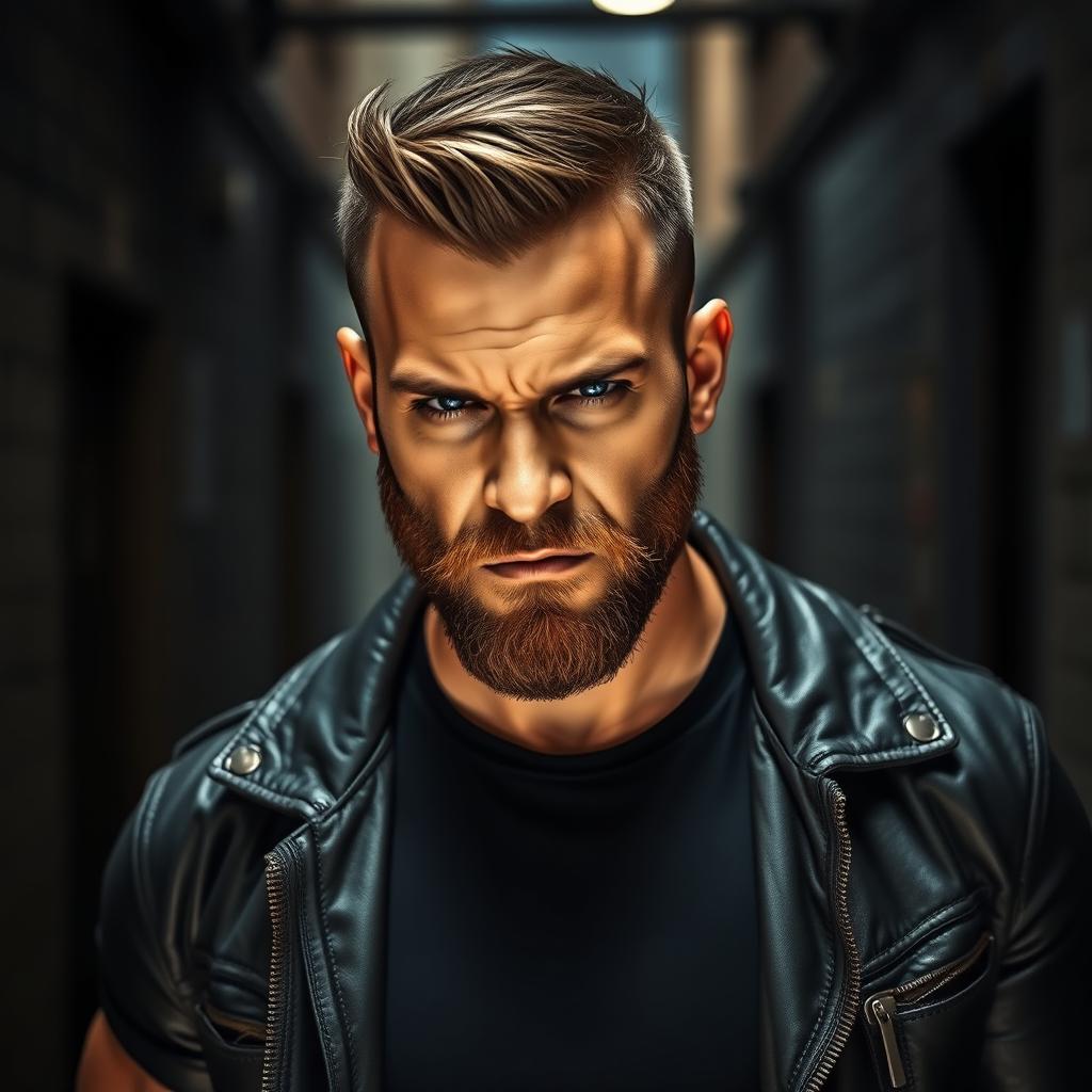 A striking alpha male with a prominent beard and short hair, exuding a fierce and commanding presence