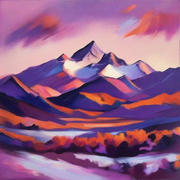 A vibrant landscape painting of a snowy mountain range during sunset, with hues of orange, purple, and pink stretched across the sky.