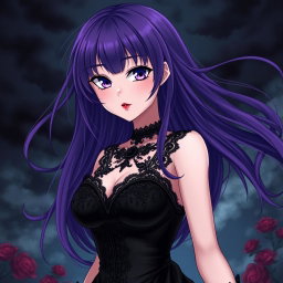 A captivating gothic anime girl with long, vibrant purple hair that flows dramatically, dressed in a stunning black dress that features elegant lace and form-fitting details, accentuating her large bust