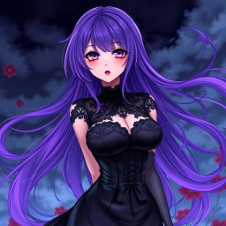 A captivating gothic anime girl with long, vibrant purple hair that flows dramatically, dressed in a stunning black dress that features elegant lace and form-fitting details, accentuating her large bust