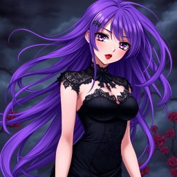 A captivating gothic anime girl with long, vibrant purple hair that flows dramatically, dressed in a stunning black dress that features elegant lace and form-fitting details, accentuating her large bust