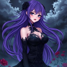 A captivating gothic anime girl with long, vibrant purple hair that flows dramatically, dressed in a stunning black dress that features elegant lace and form-fitting details, accentuating her large bust