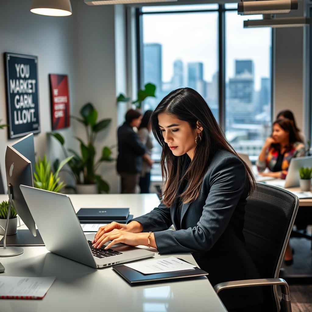 A professional coworker in a modern marketing company, dressed in stylish business attire, working at a sleek desk surrounded by marketing materials and technology