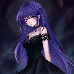 A captivating gothic anime girl with flowing long purple hair that falls dramatically around her shoulders, dressed in a striking black dress that features intricate lacework and highlights her curvaceous figure