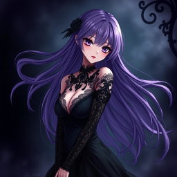 A captivating gothic anime girl with flowing long purple hair that falls dramatically around her shoulders, dressed in a striking black dress that features intricate lacework and highlights her curvaceous figure