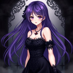 A captivating gothic anime girl with flowing long purple hair that falls dramatically around her shoulders, dressed in a striking black dress that features intricate lacework and highlights her curvaceous figure