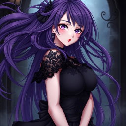 A captivating gothic anime girl with flowing long purple hair that falls dramatically around her shoulders, dressed in a striking black dress that features intricate lacework and highlights her curvaceous figure