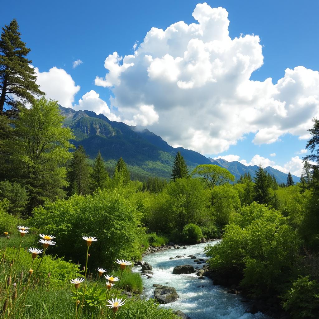 A stunning natural landscape featuring a vibrant green forest with a flowing river, sunlight filtering through the leaves, and a serene atmosphere