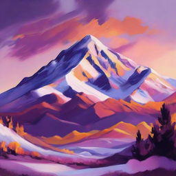 A vibrant landscape painting of a snowy mountain range during sunset, with hues of orange, purple, and pink stretched across the sky.