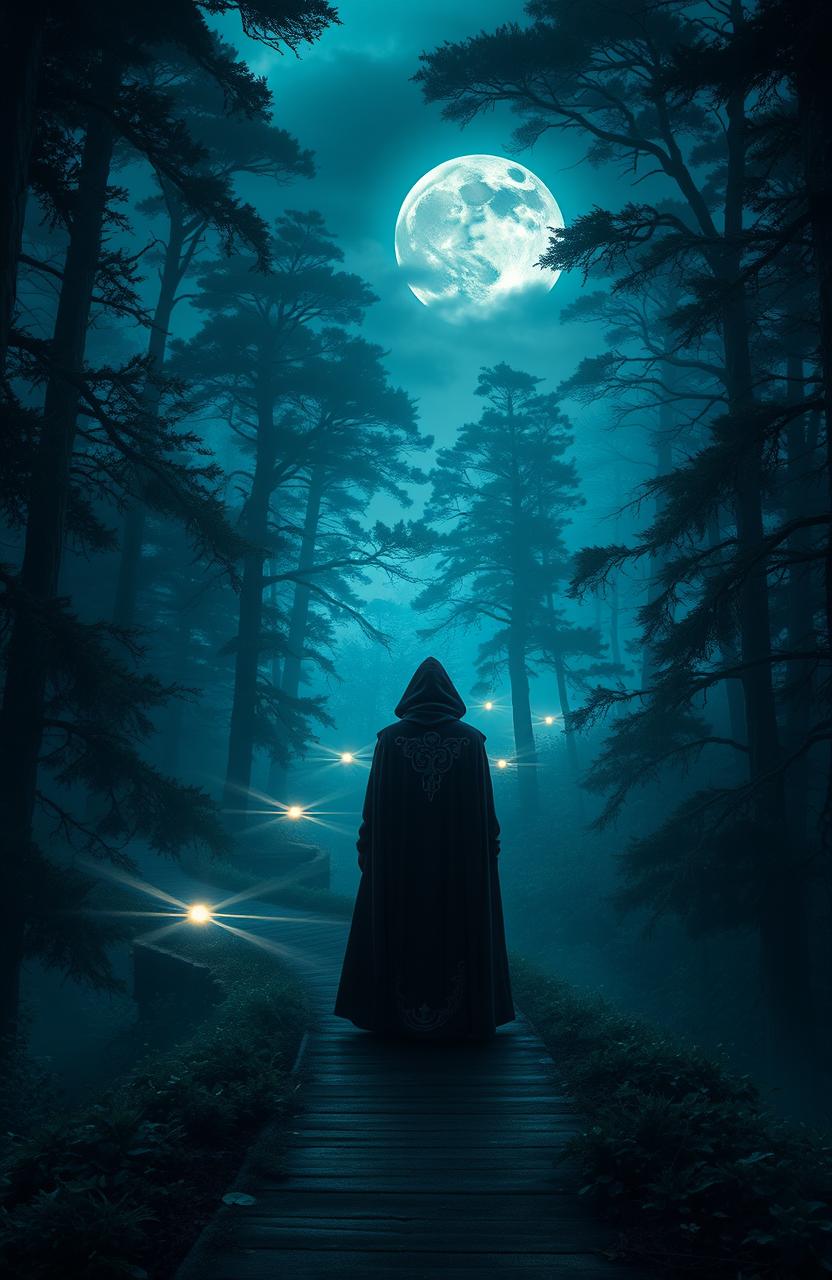 An adventurous scene depicting a mystical forest at twilight, with towering trees densely packed in various shades of dark green and blue