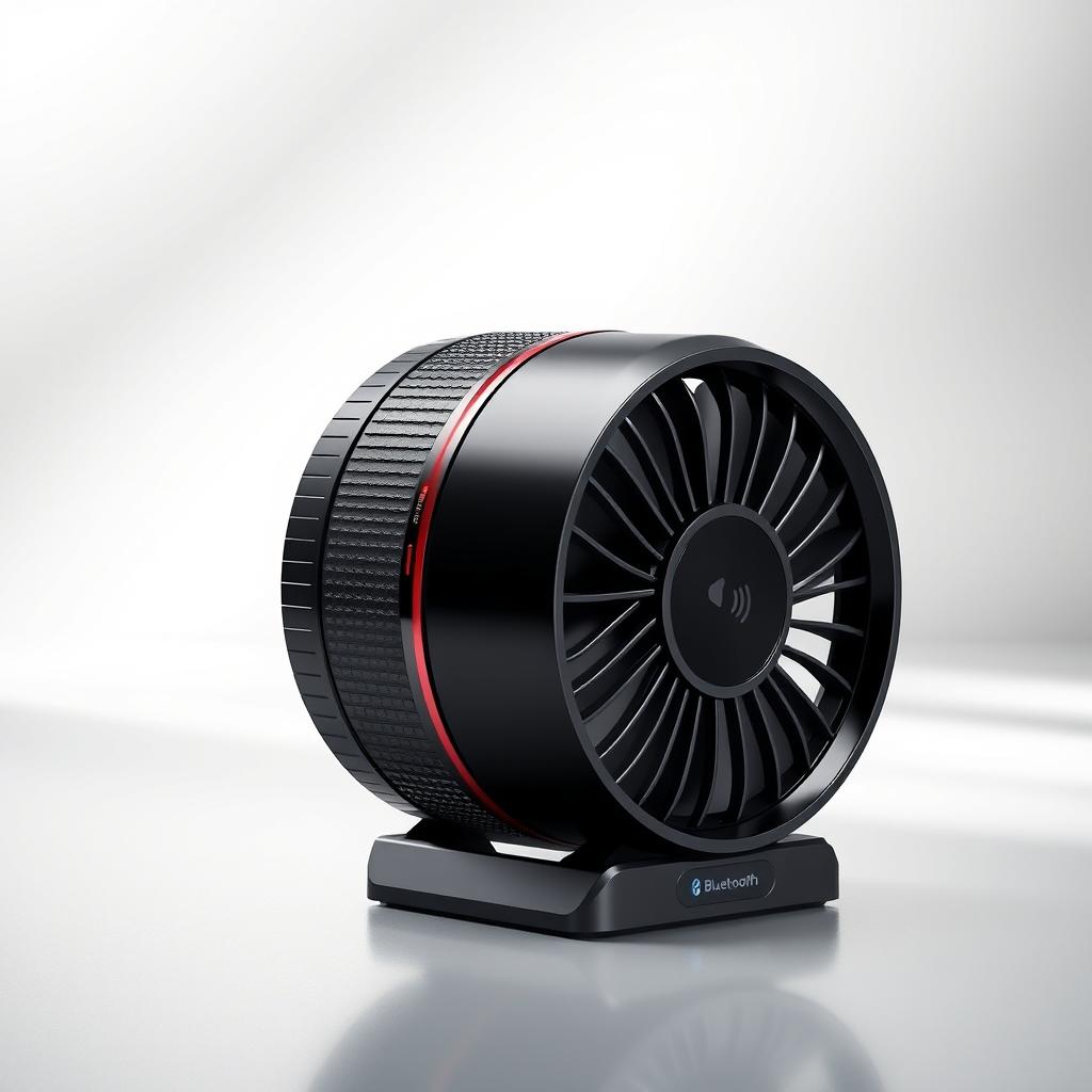 A stylish and modern mini fan designed to resemble a camera lens, featuring intricate details such as a textured body, glossy black finish, and metallic accents