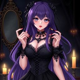 A stunning gothic anime girl with long, flowing purple hair, dressed in a beautiful black dress that features intricate lace detailing and accentuates her large bust