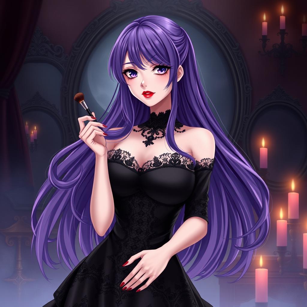 A stunning gothic anime girl with long, flowing purple hair, dressed in a beautiful black dress that features intricate lace detailing and accentuates her large bust