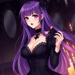 A stunning gothic anime girl with long, flowing purple hair, dressed in a beautiful black dress that features intricate lace detailing and accentuates her large bust