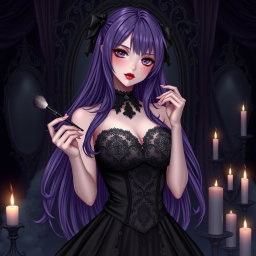 A stunning gothic anime girl with long, flowing purple hair, dressed in a beautiful black dress that features intricate lace detailing and accentuates her large bust
