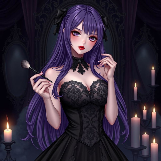 A stunning gothic anime girl with long, flowing purple hair, dressed in a beautiful black dress that features intricate lace detailing and accentuates her large bust