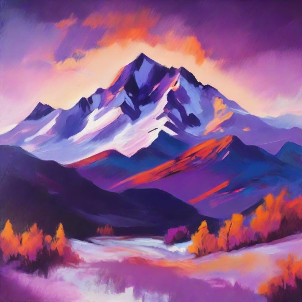 A vibrant landscape painting of a snowy mountain range during sunset, with hues of orange, purple, and pink stretched across the sky.