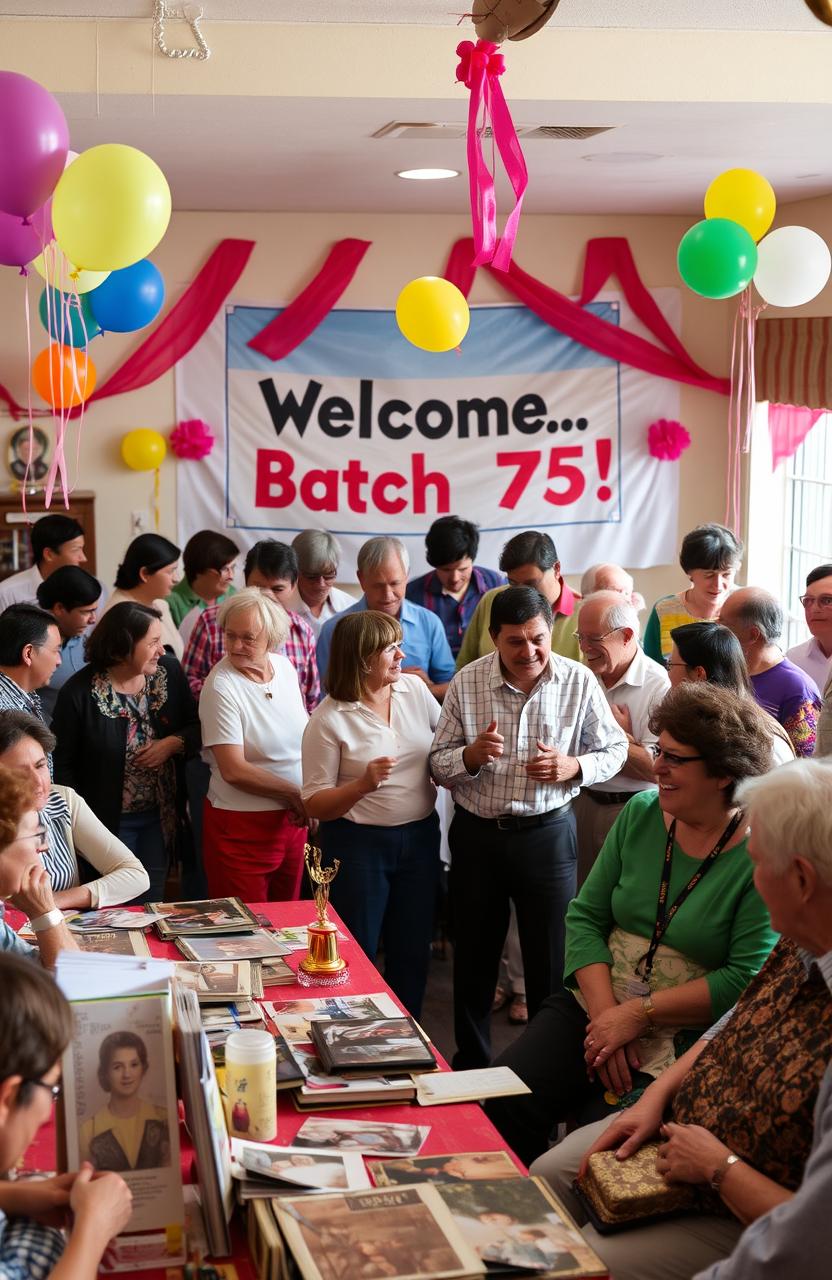 A nostalgic school reunion scene with vibrant decorations celebrating Batch 75, featuring diverse groups of adults laughing and reminiscing inside a decorated hall