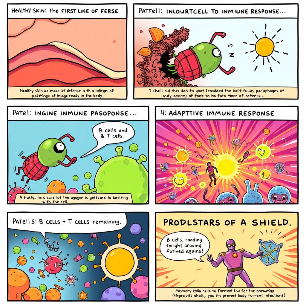 A comic strip split into 6 engaging panels telling a short story about the immune system's defense against an infection