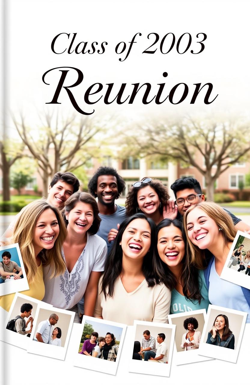 A vibrant and nostalgic photo book front cover for a school reunion, featuring a diverse group of happy adults of various ethnicities, laughing and reminiscing together