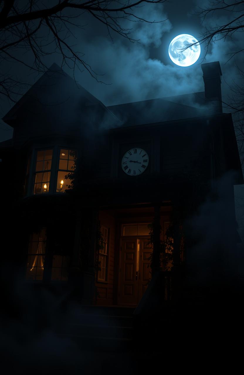 A dark and eerie haunted house at night deep in the shadows, embodying mystery and urban legends