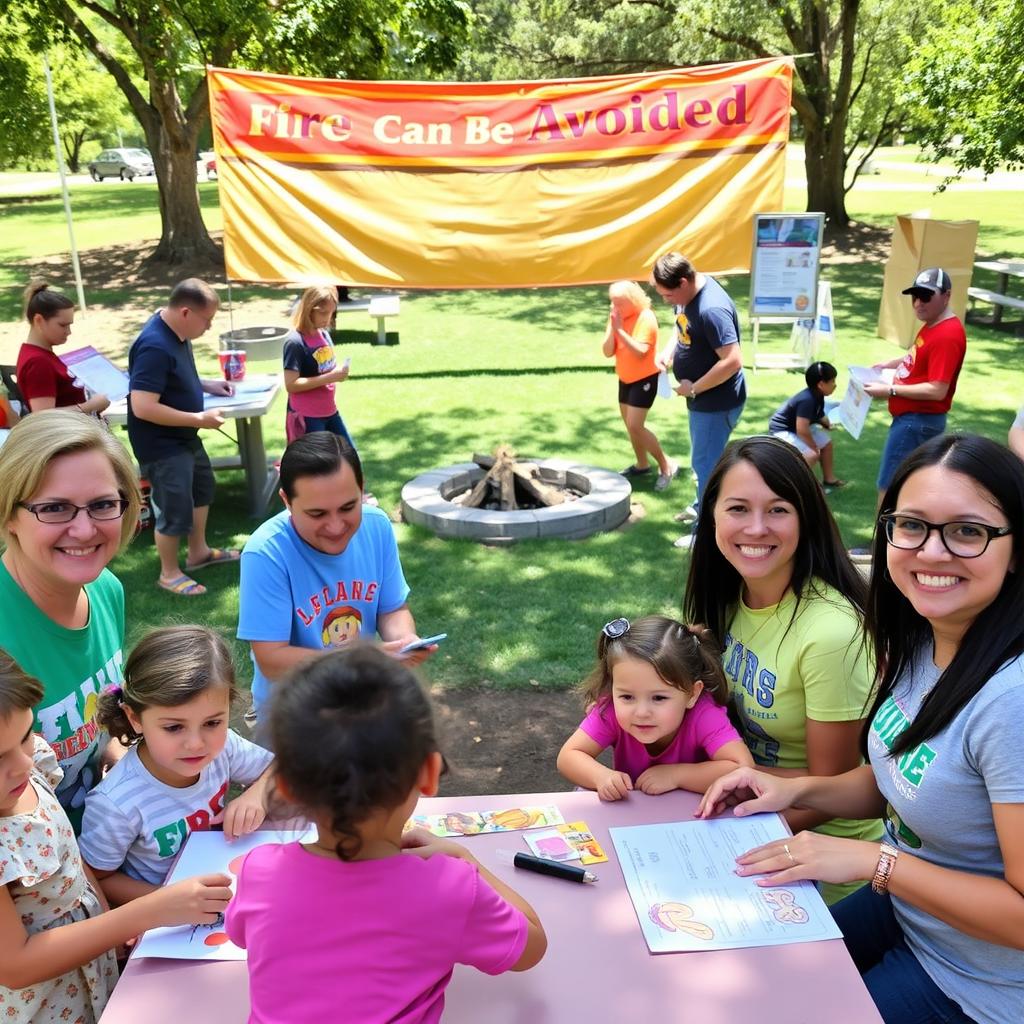 A vibrant community gathering focused on fire safety awareness, showcasing families and individuals engaging in activities emphasizing fire prevention