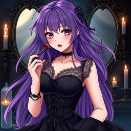 A striking gothic anime girl with long, flowing purple hair cascading around her shoulders, dressed in an exquisite black dress featuring delicate lace and form-fitting design that highlights her large bust