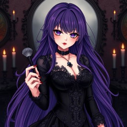 A striking gothic anime girl with long, flowing purple hair cascading around her shoulders, dressed in an exquisite black dress featuring delicate lace and form-fitting design that highlights her large bust