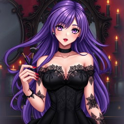 A striking gothic anime girl with long, flowing purple hair cascading around her shoulders, dressed in an exquisite black dress featuring delicate lace and form-fitting design that highlights her large bust