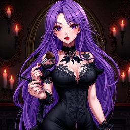 A striking gothic anime girl with long, flowing purple hair cascading around her shoulders, dressed in an exquisite black dress featuring delicate lace and form-fitting design that highlights her large bust