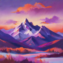 A vibrant landscape painting of a snowy mountain range during sunset, with hues of orange, purple, and pink stretched across the sky.