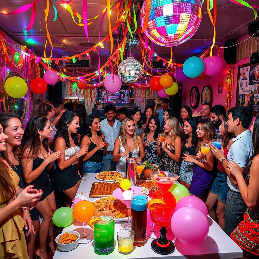 A vibrant and energetic room transformed for a lively party atmosphere, decorated with colorful streamers, glowing fairy lights hanging from the ceiling, and balloons in various shapes and sizes