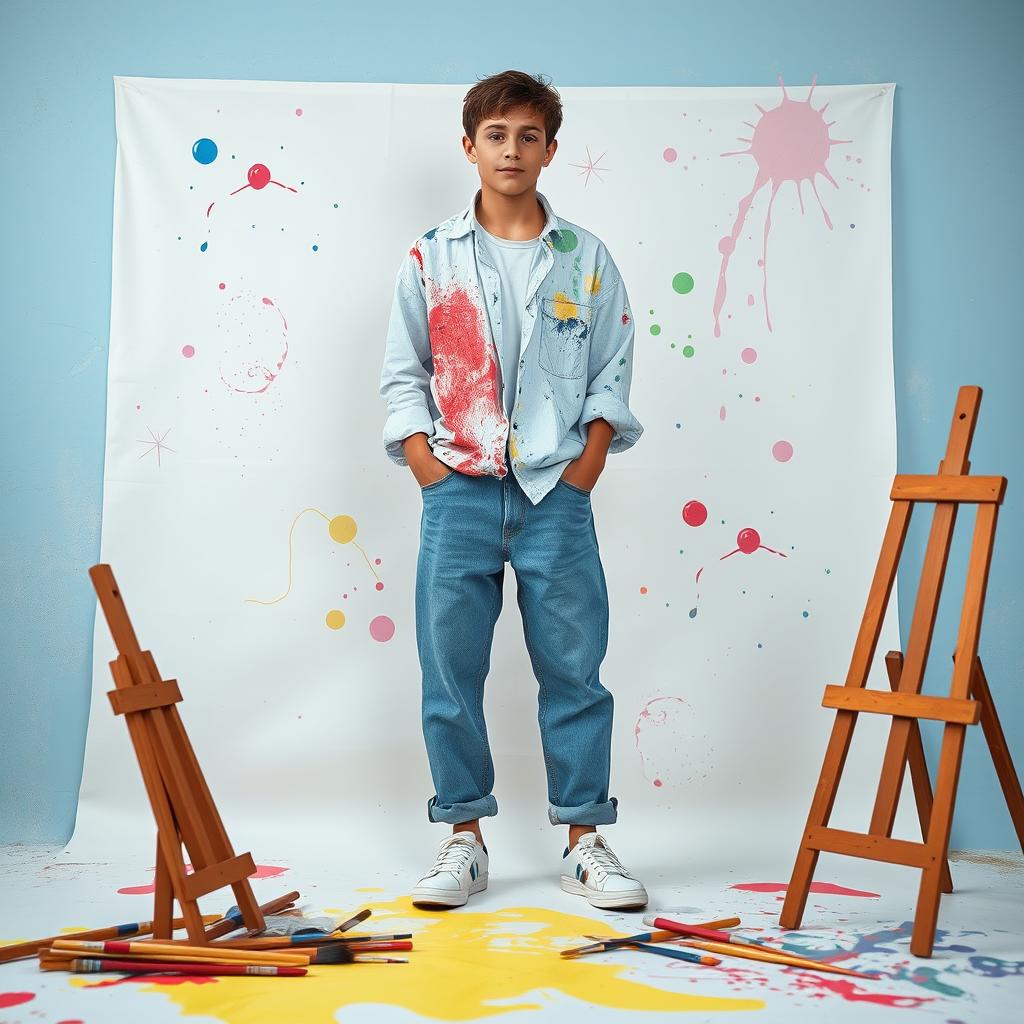 A vibrant scene portraying a teenager standing against a blank canvas backdrop decorated with splashes of pastel paint