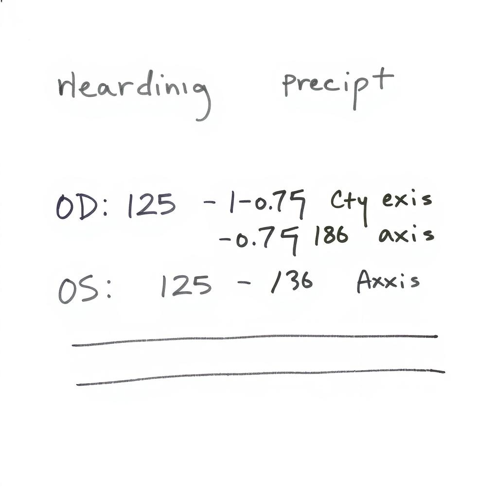 A realistic handwritten prescription for eyeglasses, featuring a detailed note for a nearsighted vision correction of -1