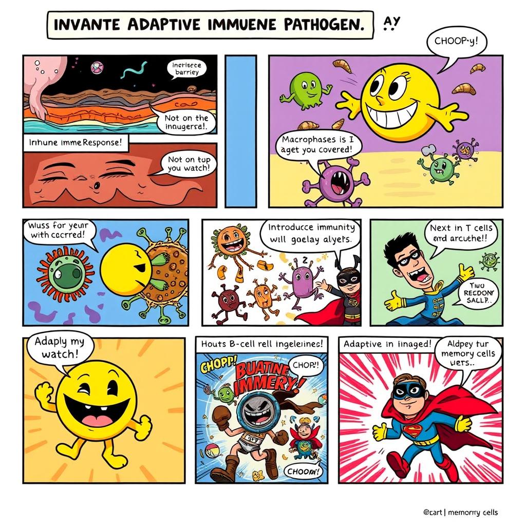 A fun and creative comic strip comprising 10 colorful panels that illustrates how the innate and adaptive immune systems work together to combat an invading pathogen