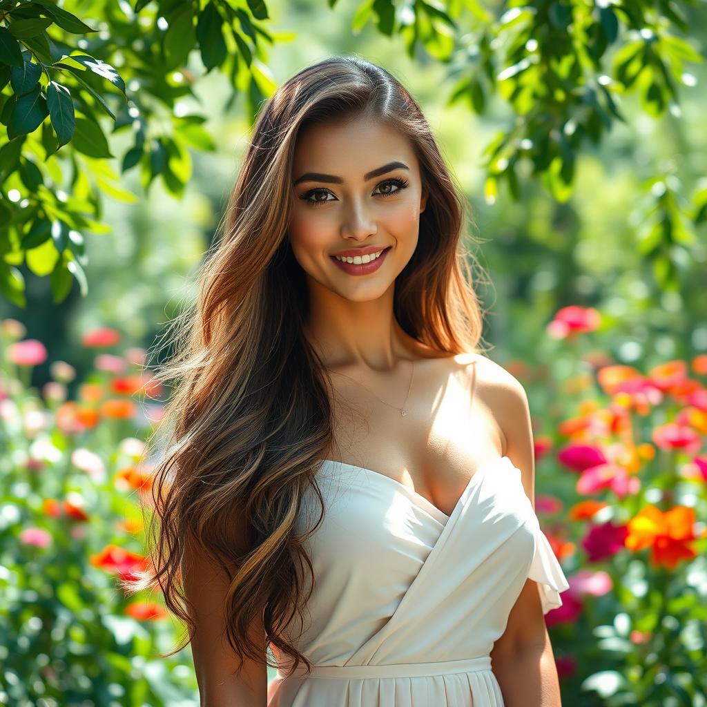 A stunning portrait of a beautiful woman with long flowing hair, dressed in an elegant flowing gown that enhances her graceful figure