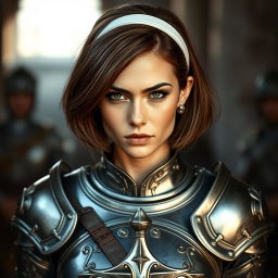 A stunningly beautiful woman with short bob-shaped brown hair secured with a white hairband, exposing her forehead