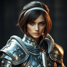 A stunningly beautiful woman with short bob-shaped brown hair secured with a white hairband, exposing her forehead
