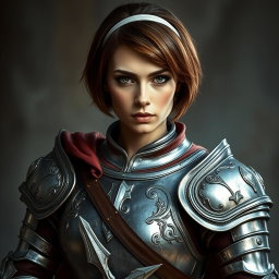 A stunningly beautiful woman with short bob-shaped brown hair secured with a white hairband, exposing her forehead