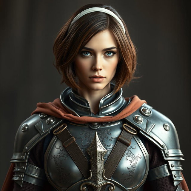 A stunningly beautiful woman with short bob-shaped brown hair secured with a white hairband, exposing her forehead