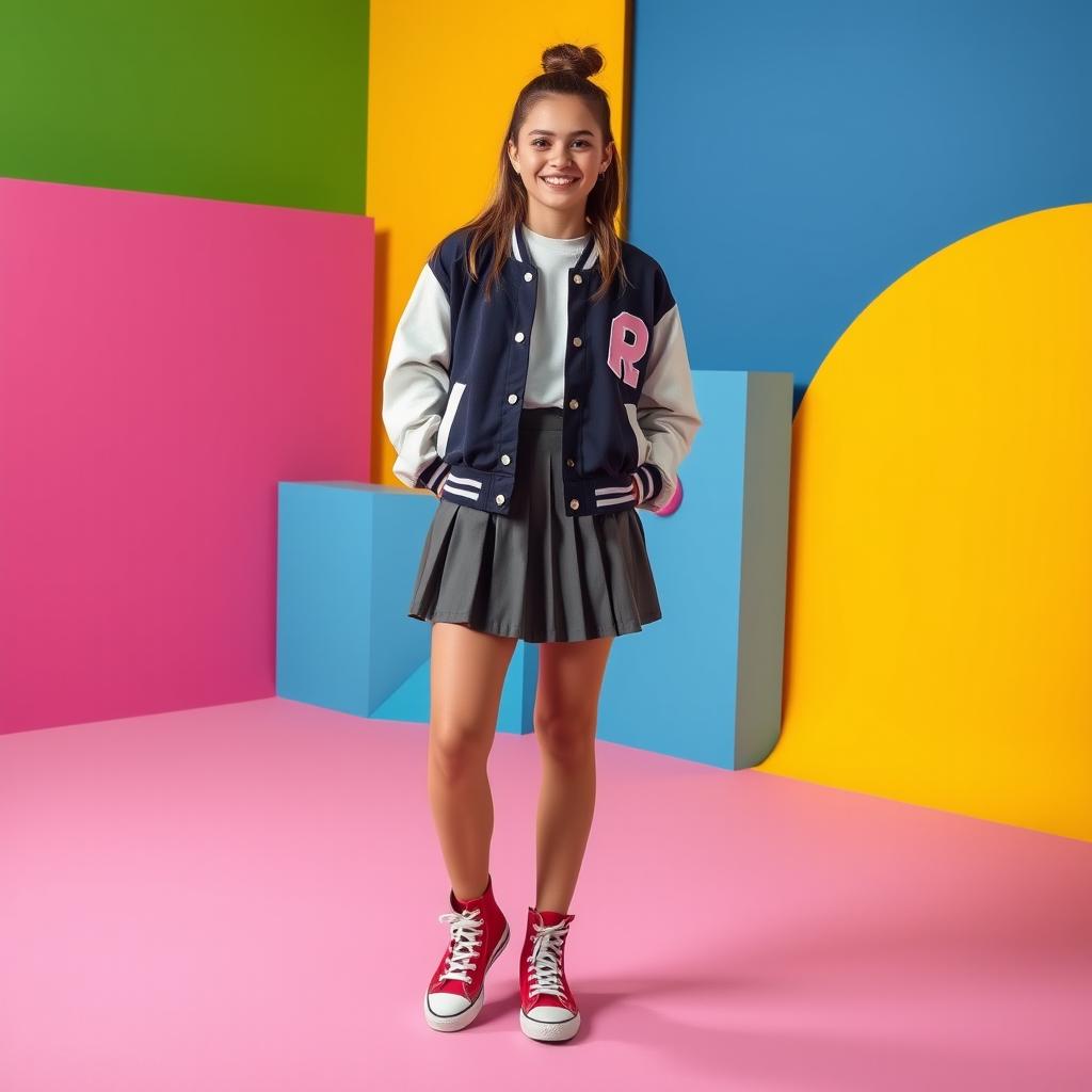 An energetic image featuring a teenager in a vibrant, color-blocked set designed with bold primary colors