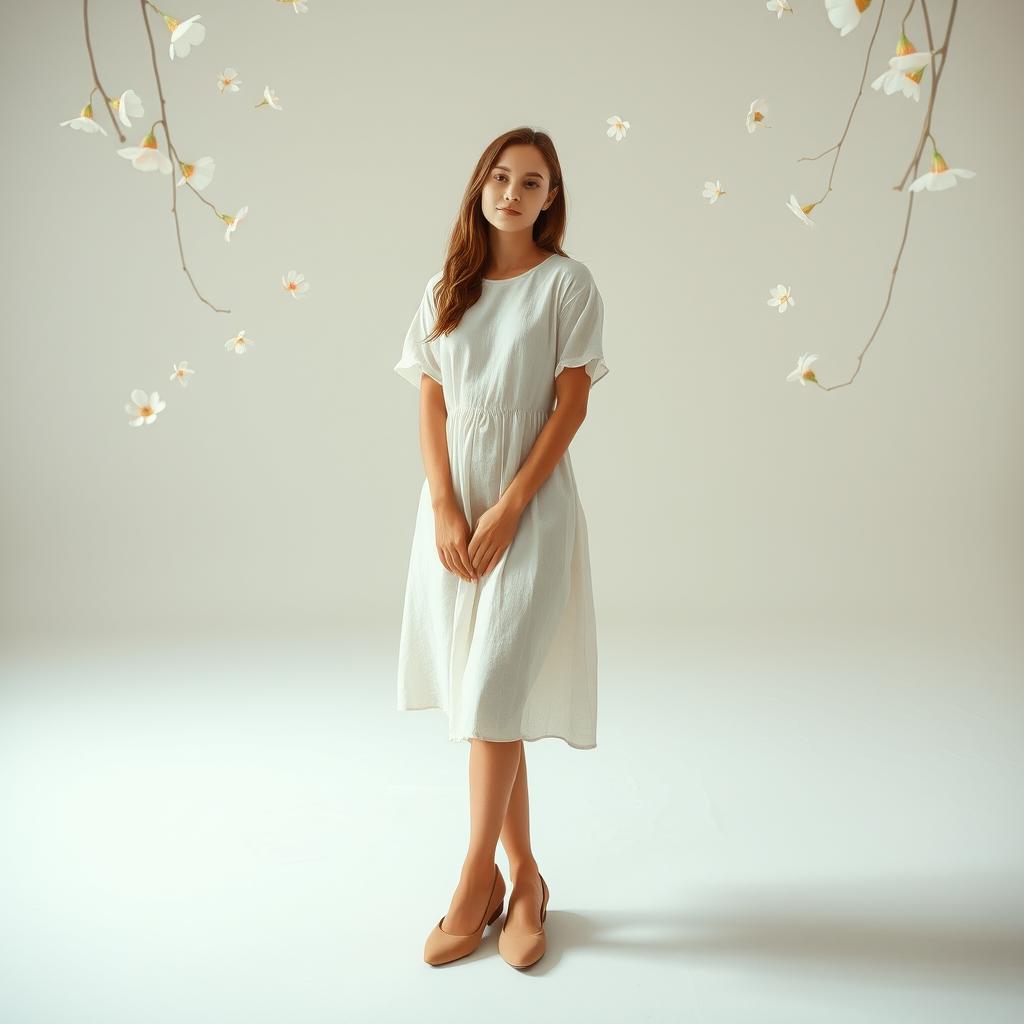 A serene image of a teenager standing gracefully in a minimalist studio environment adorned with delicate, floating flowers that create an ethereal ambiance