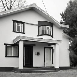 A house with a fresh coat of paint, starkly contrasted in black and white.