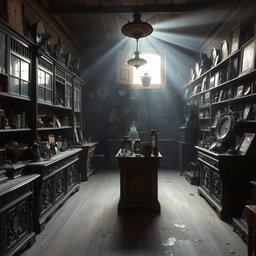 An old antique shop, filled with dusty treasures and vintage items