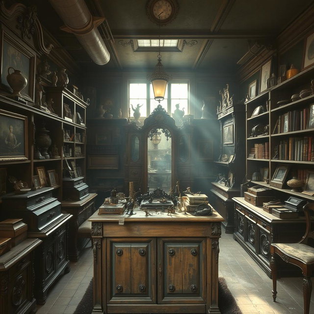 An old antique shop, filled with dusty treasures and vintage items