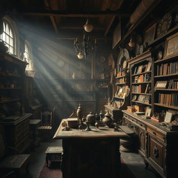 An old antique shop, filled with dusty treasures and vintage items