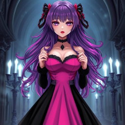 A striking gothic anime girl with long, flowing purple hair, elegantly dressed in a stunning black dress that beautifully accentuates her large bust
